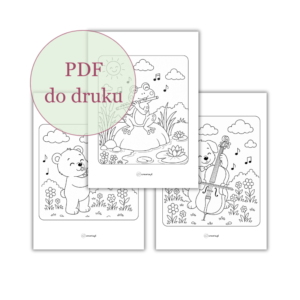 Muzyczne kolorowanki do druku | żabka, miś i piesek | darmowy PDF