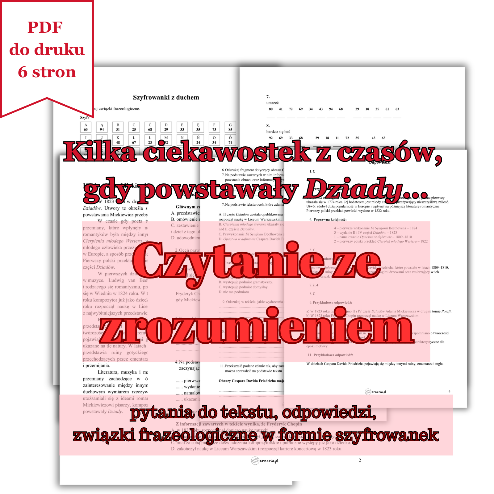 Czytanie ze zrozumieniem, związki frazeologiczne | PDF do druku